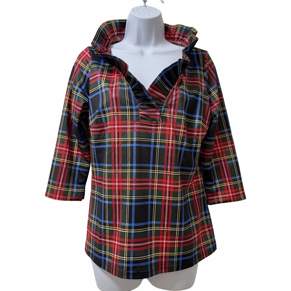 Gretchen Scott Tartan Plaid Stand Up Ruffle Neck Blouse Size S Red Holiday - Picture 1 of 6